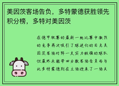 美因茨客场告负，多特蒙德获胜领先积分榜，多特对美因茨